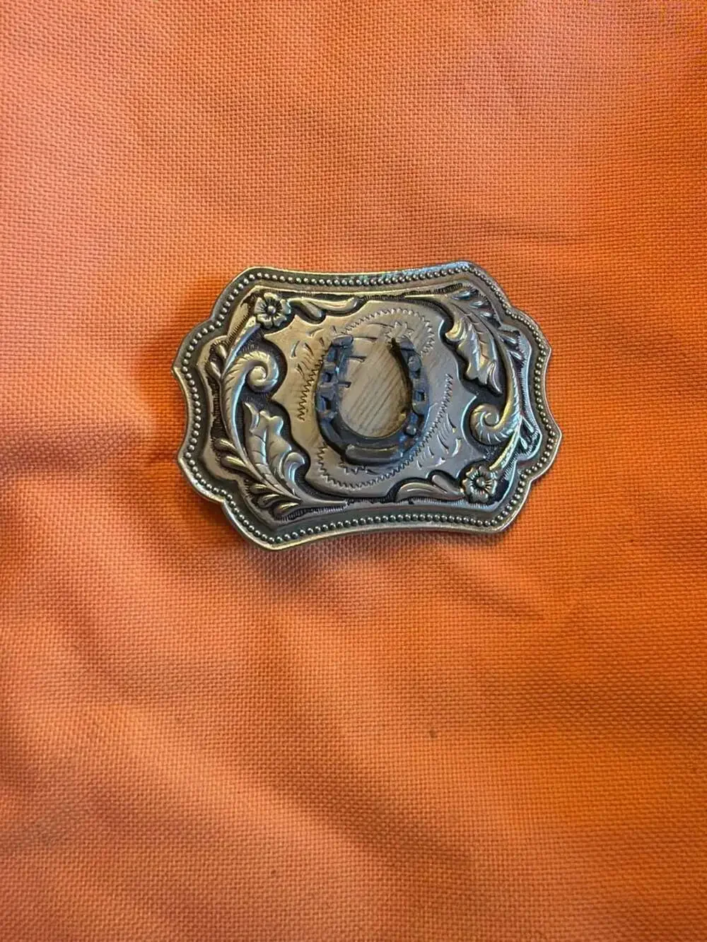 Vintage Western Floral Scroll Belt Buckle with Center Horseshoe